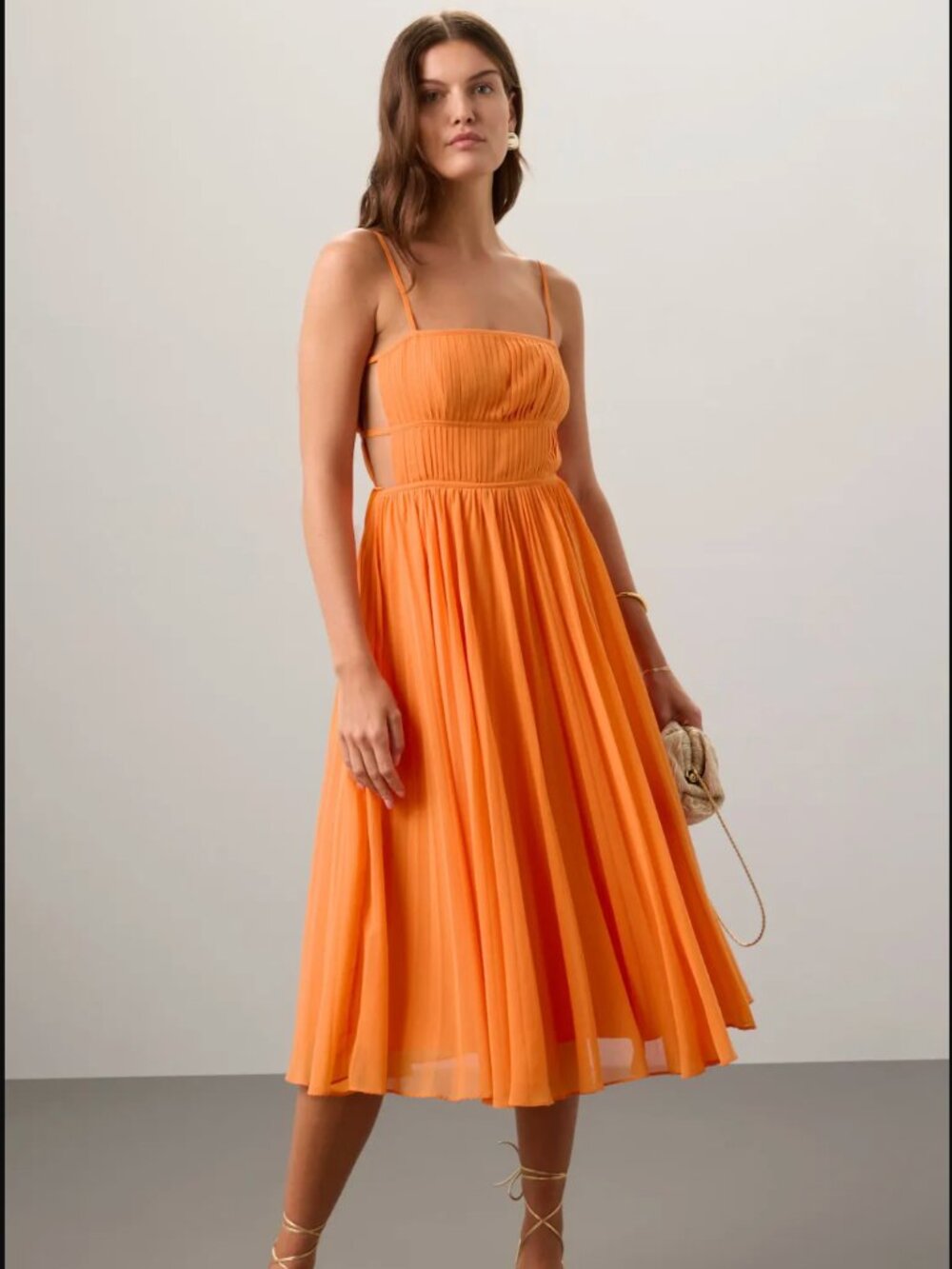 Fame and Partners Eira Pleated Shift Midi Dress | Orange | Size 8 |